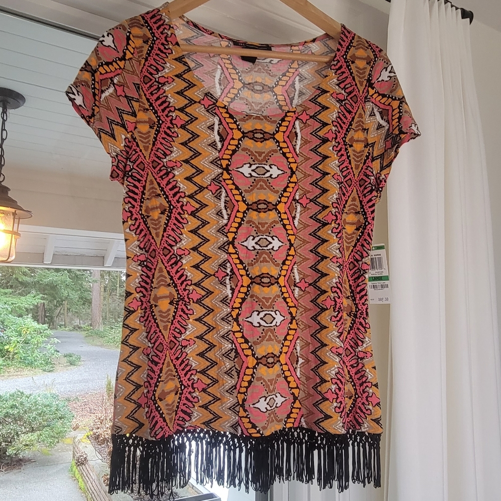 New INC International Concepts Short Sleeve Print Fringe Detail Size Large